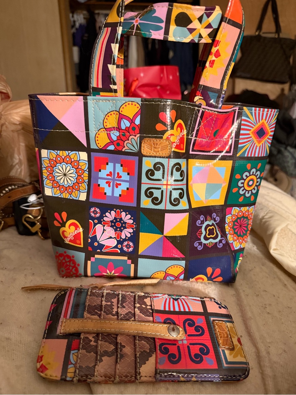 Colorful Patchwork Tote Bag - Multicolor Floral Print Consuela Tote w/match wall